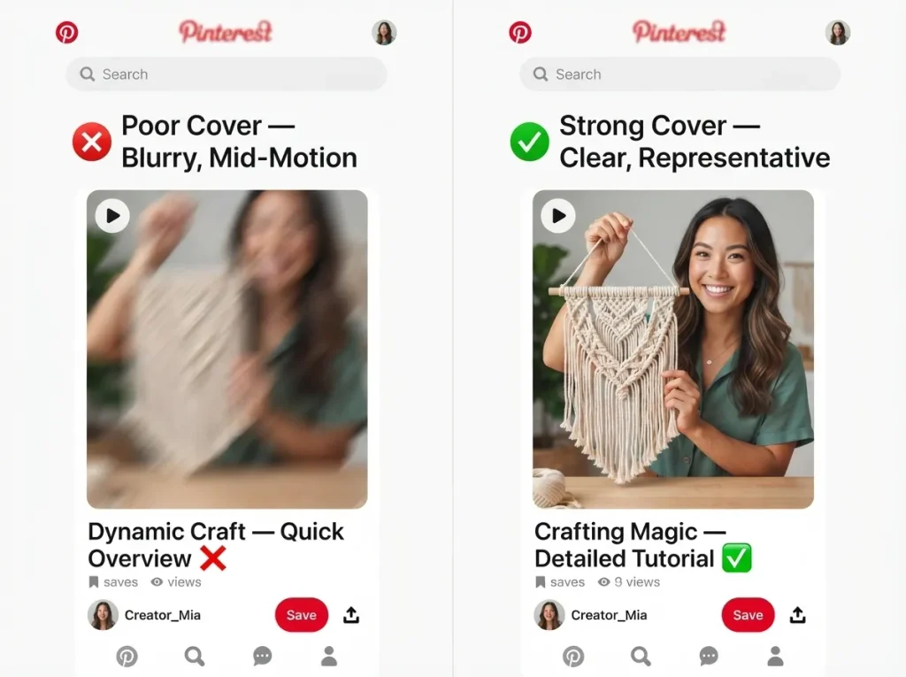 Pinterest video Pin cover image comparison showing blurry mid-motion cover versus clear representative cover frame