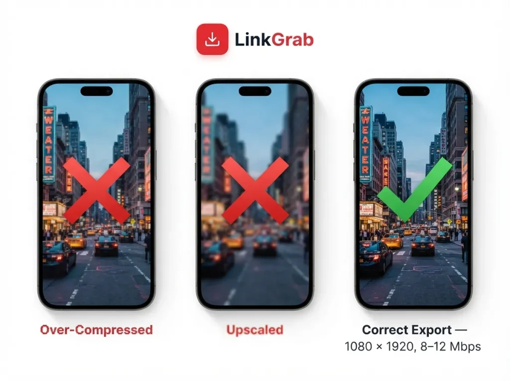 Prompt: Three side-by-side phone screens showing the same video frame at different quality levels. Left screen: pixelated, blocky image labelled "Over-Compressed". Middle screen: soft, blurry image labelled "Upscaled". Right screen: sharp, clear image labelled "Correct Export — 1080 × 1920, 8–12 Mbps". Clean UI mockup style, white background, red X over the first two, green check over the third.