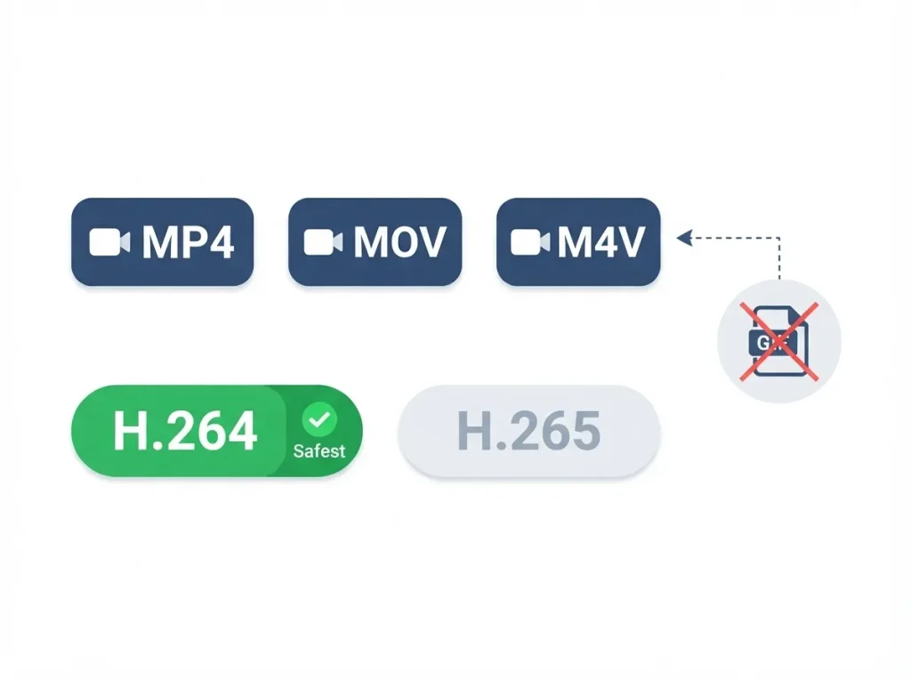 Pinterest accepted video file formats MP4 MOV M4V and H.264 H.265 encoding with GIF not supported icon