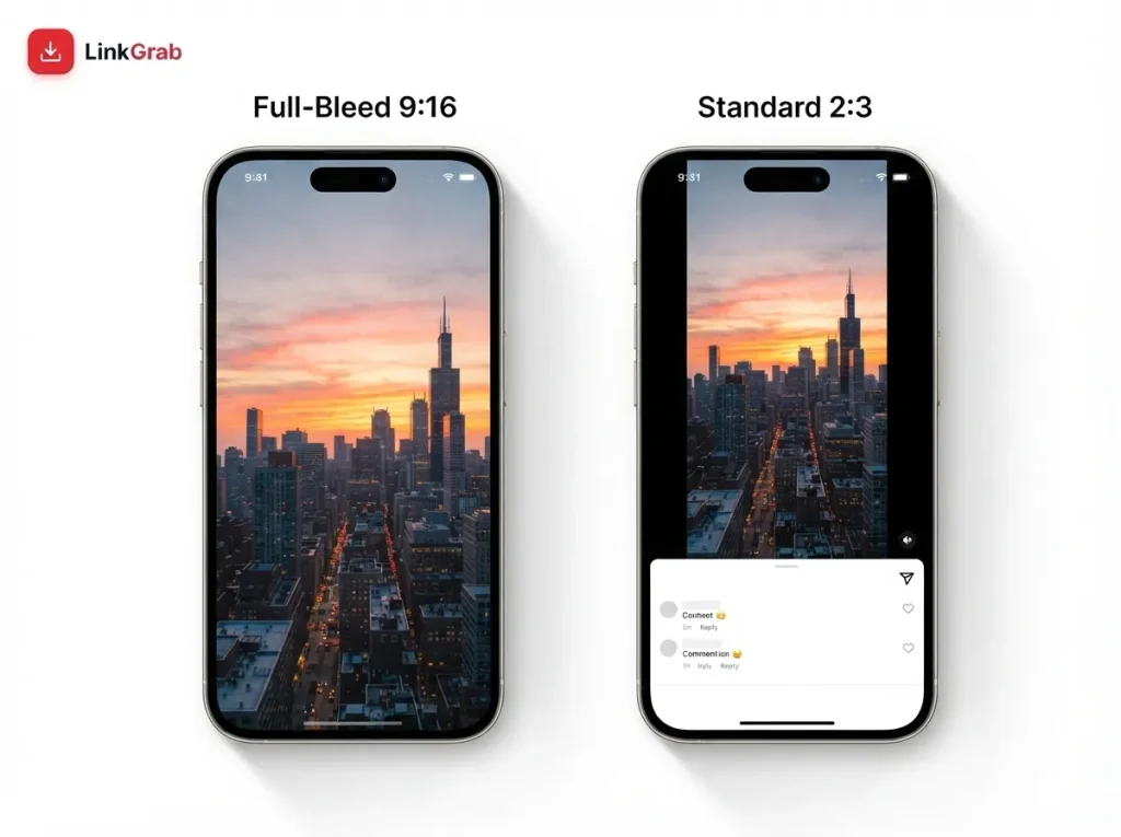 Full-bleed 9:16 Pinterest video versus standard 2:3 video Pin showing screen coverage difference