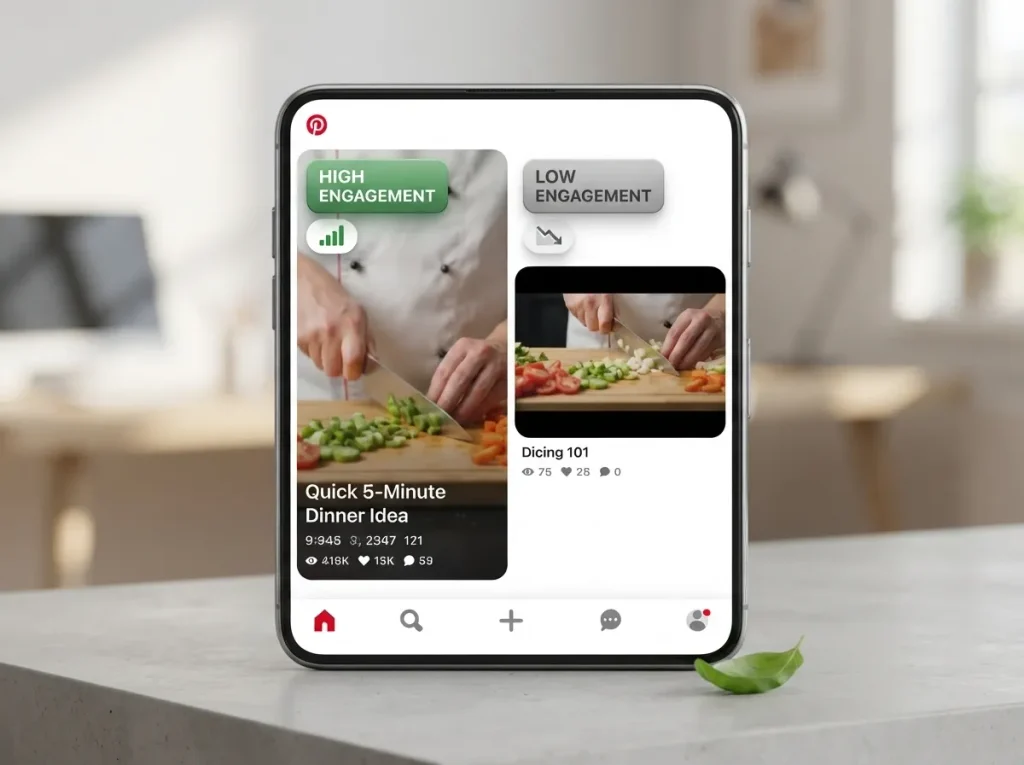 Pinterest feed comparison showing full-bleed 9:16 video Pin with high engagement versus letterboxed horizontal video with low engagement