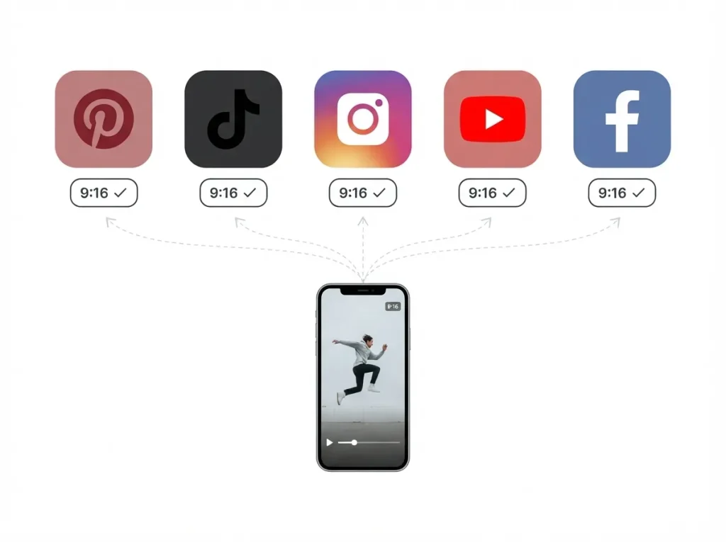 One 9:16 vertical video file working across Pinterest TikTok Instagram YouTube Shorts and Facebook Reels platform icons