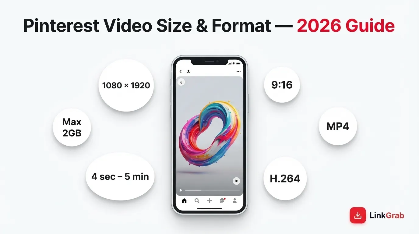 Pinterest video size and format 2026 guide showing 1080x1920 dimensions, 9:16 aspect ratio, MP4 H.264 specs, and file size limits on a smartphone mockup
