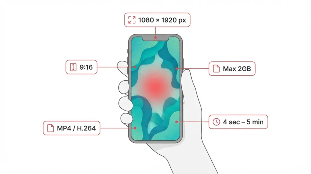 Pinterest video recommended dimensions infographic showing 1080x1920 resolution, 9:16 aspect ratio, MP4 H.264 format, and 2GB file size limit