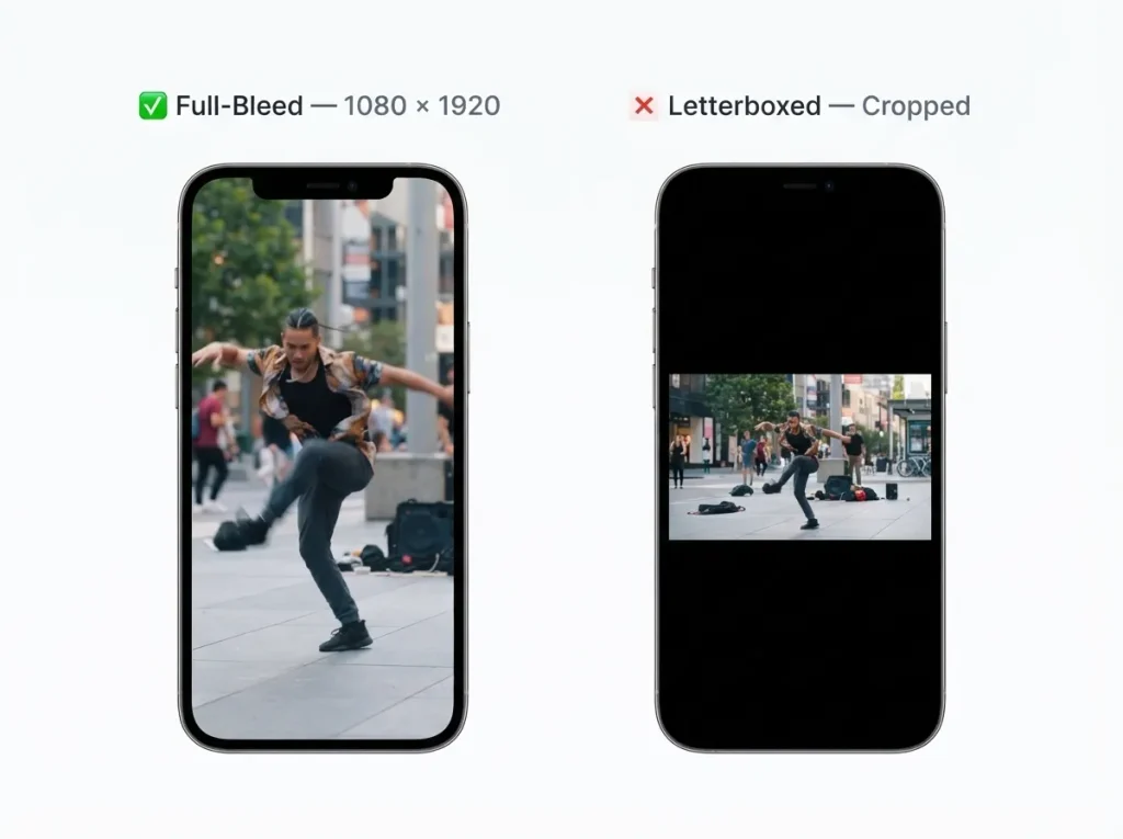 Comparison of full-bleed 9:16 Pinterest video versus letterboxed horizontal 16:9 video showing cropping and black bars