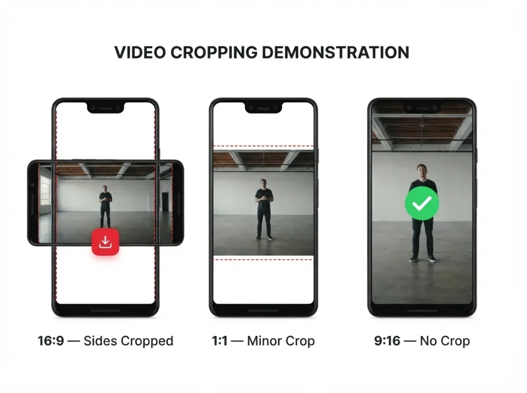 Pinterest video cropping comparison showing 16:9 sides cropped 1:1 minor crop and 9:16 no crop