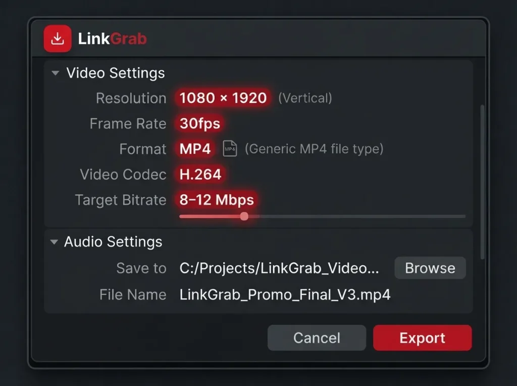 Video editor export settings panel showing Pinterest recommended 1080x1920 resolution H.264 codec MP4 format 30fps and 8-12 Mbps bitrate