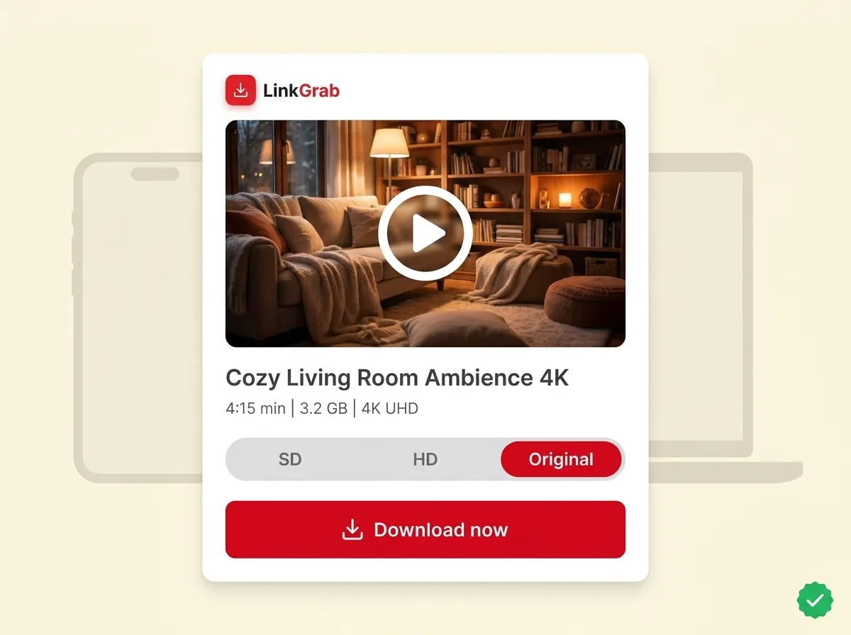 LinkGrab preview card showing a video thumbnail, SD, HD and Original quality options and the Download now button