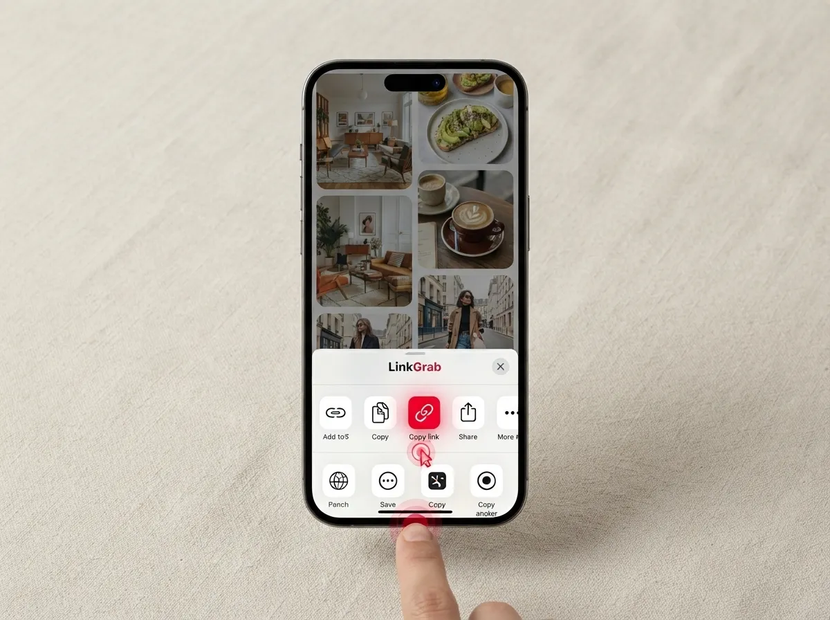 Phone showing a Pinterest-style feed with the Copy link option selected in the share menu